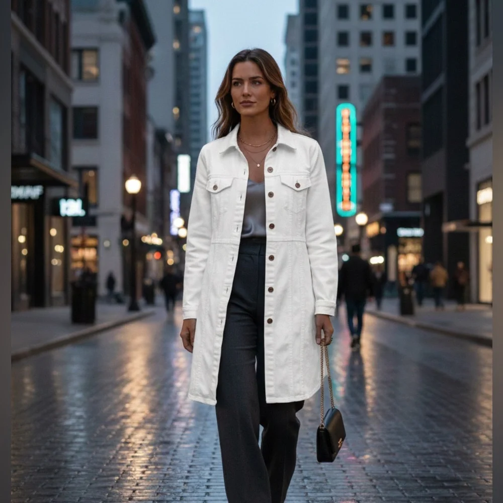 NWOT Frye Off White Button-Up Denim Dress Side Pockets Copper Button Size Large - Picture 2 of 10